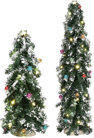 Department 56 Village Cross Product Accessories Festive Mountain Pine Trees with White Lights Lit Figurine Set, 8 and 14 Inch