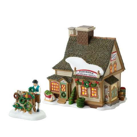Department 56 New England Village Annual "Celebrate The Holiday" 2010 Partridge Wreath Shop Lit House and Figurine Set